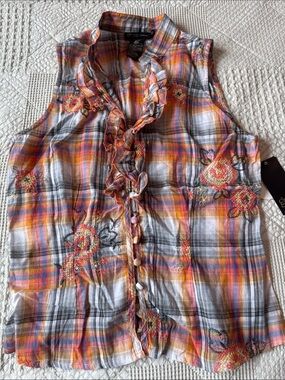 grass collection Sleeveless Ruffled Plaid Blouse - Orange, Pink, Gray